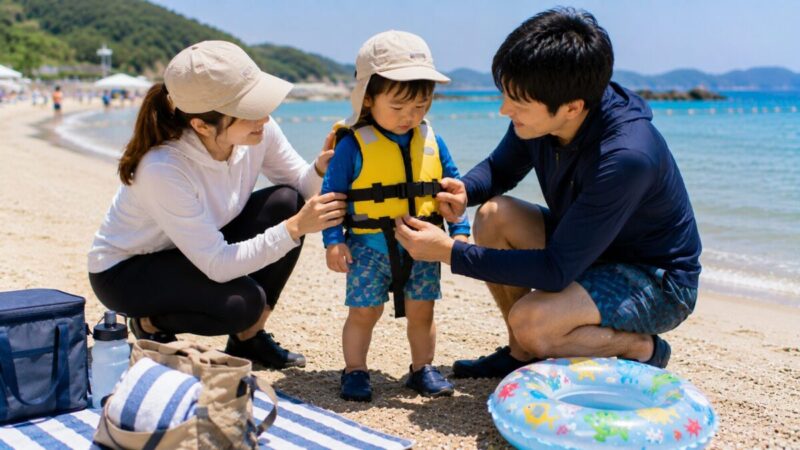 海へ入る前に幼児用ライフジャケットのベルトとサイズを確認する両親