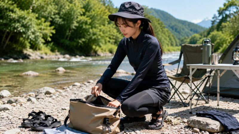 海や川遊びで日焼け対策とタトゥー隠しを兼ねた服装をするイメージ