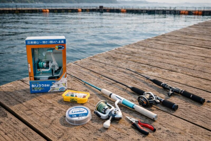 海上釣堀の桟橋に、入門向けの竿やリールセット、予備小物を並べて安く始める方法をイメージした構成写真