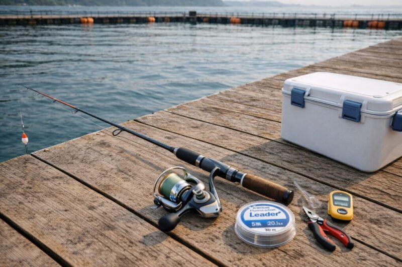 海上釣堀の桟橋に、真鯛狙い向けのスピニングロッドやウキ仕掛け、小型クーラーを並べた一式のイメージ