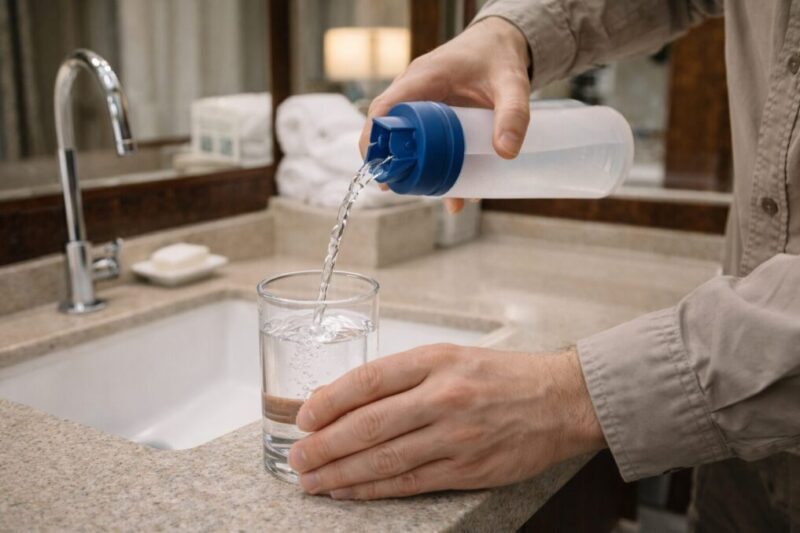 海外滞在中に浄水ボトルで水の味を整えて飲むイメージ