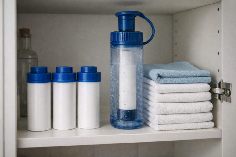 海外赴任で浄水器を使い続けるため予備と衛生用品をまとめたイメージ