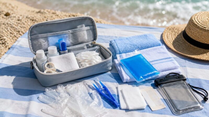 海水浴のクラゲ対策に備えた救急セットと手袋、ピンセット、防水スマホケース