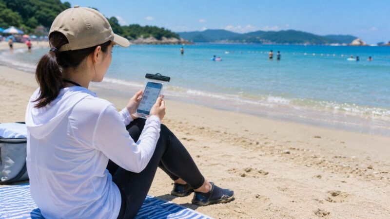 海水浴前に防水ケース入りのスマートフォンで海況を確認している様子