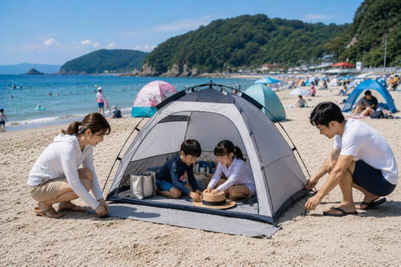 海水浴場のルールに配慮して小型テントを設営する様子