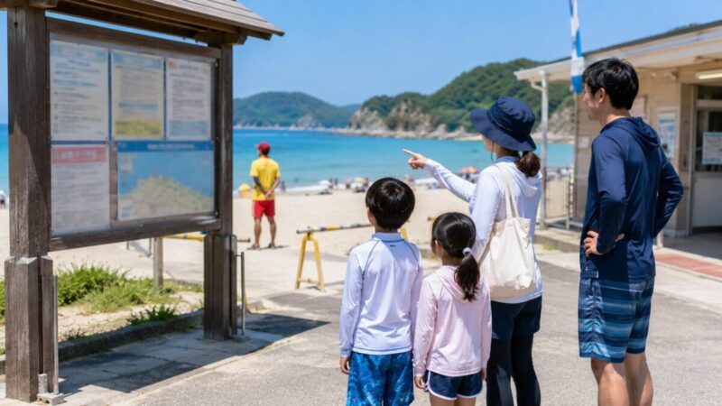 海水浴場の入り口で現地の遊泳情報を確認する親子