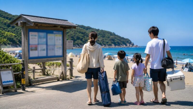 海水浴場の入口付近で案内板を確認してから砂浜へ向かう家族