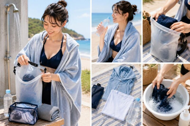 海水浴後にタオルを羽織り、飲み物を用意し、濡れた水着をバッグへしまって洗う準備をする女性
