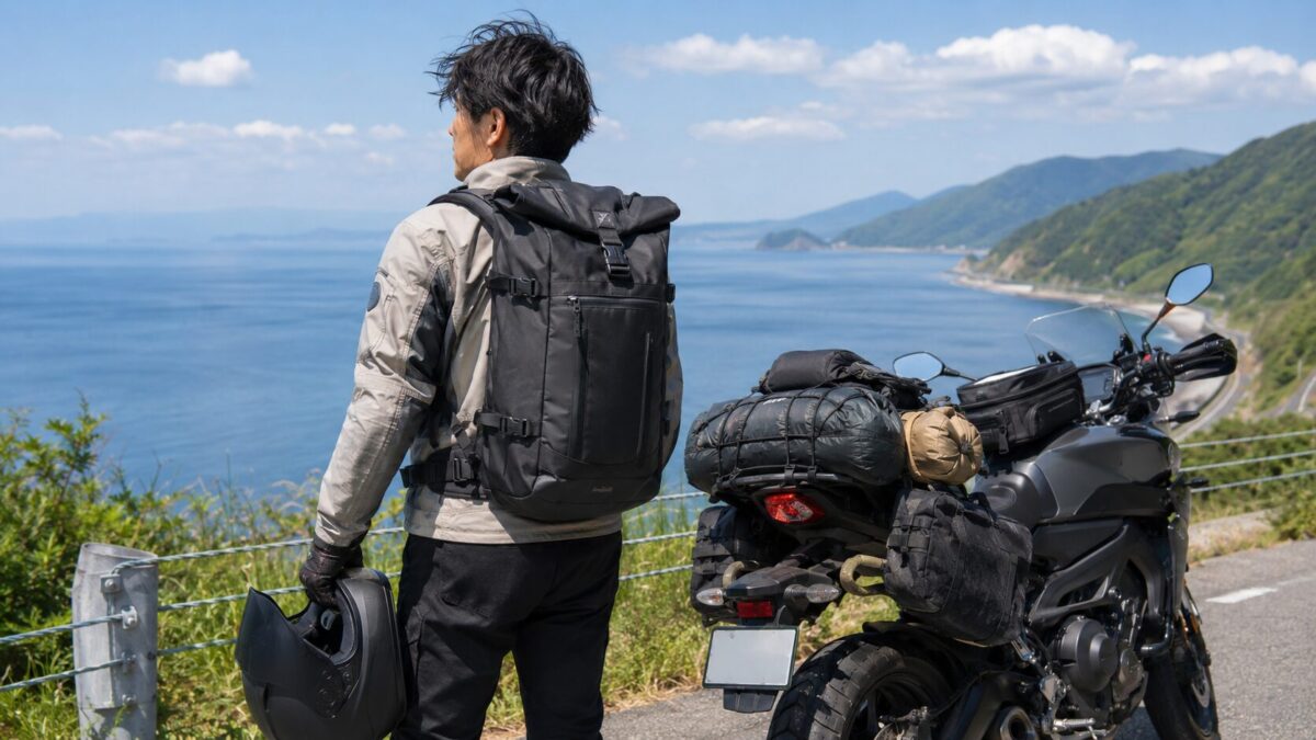 海沿いのツーリング先で黒いリュックサックを背負ったライダーが荷物を積んだバイクの横に立つ様子