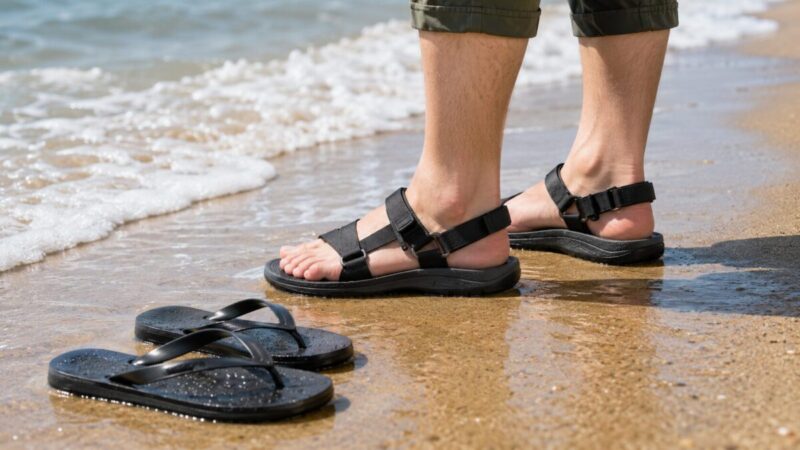 海辺でかかとストラップ付きサンダルを履き脱げにくさを確認する足元の画像