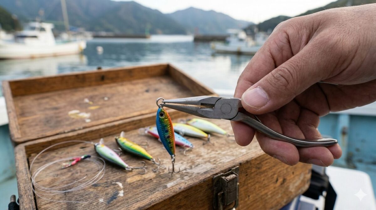 海辺でプライヤーを使いルアーのフック交換をする手元