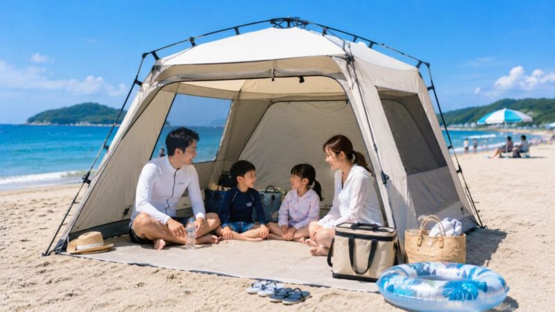 海辺で使いやすいワンタッチテントの広い休憩スペース