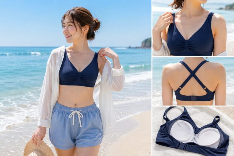 海辺で着用したクロスバック水着と、肩紐・背中の留め具・パッド部分を確認できる水着の比較イメージ