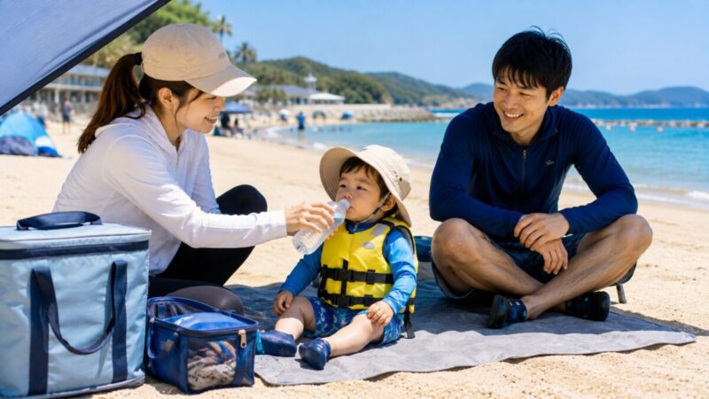 海辺のシェード下で飲み物や保冷バッグを用意して休憩する子連れ家族