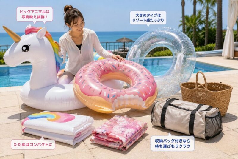 海辺のプールサイドで大きめ浮き輪と収納バッグを並べて選ぶイメージ