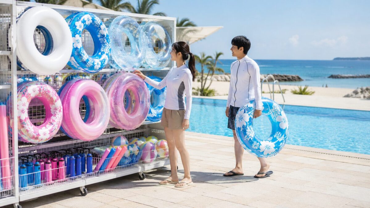 海辺のプールサイドで大人用浮き輪や空気入れを選び、夏の水遊び準備をしているイメージ