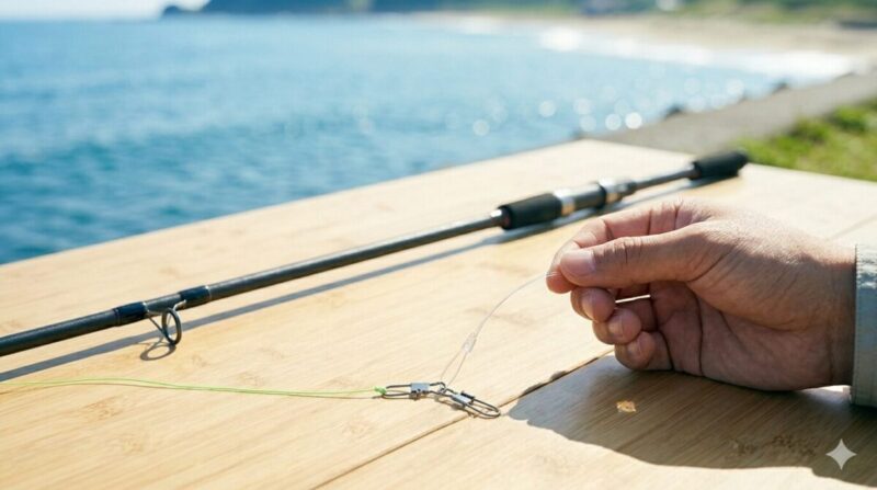 海辺の台で、PEラインの先にショックリーダーとスナップを結んだ接続部を見せている男性の手元の様子。