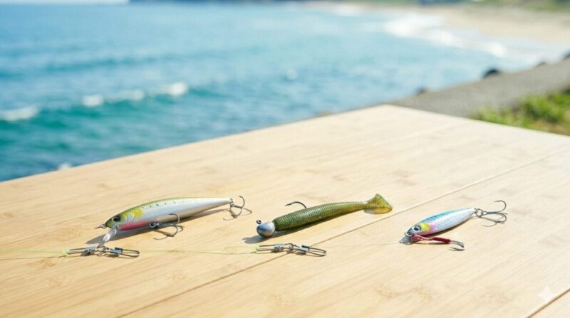 海辺の台で、ミノー、ジグヘッドワーム、メタルジグの3種類のルアー仕掛けを並べて比較している様子。