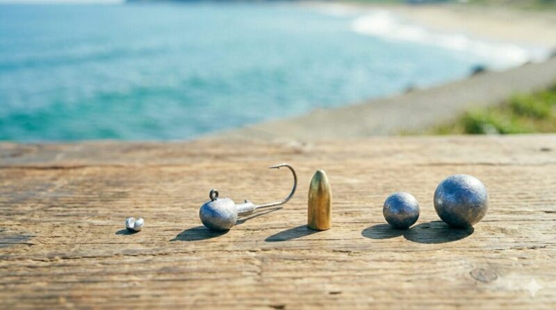 海辺の台で、ルアーと重さの異なる2つのオモリを並べて比較している様子。