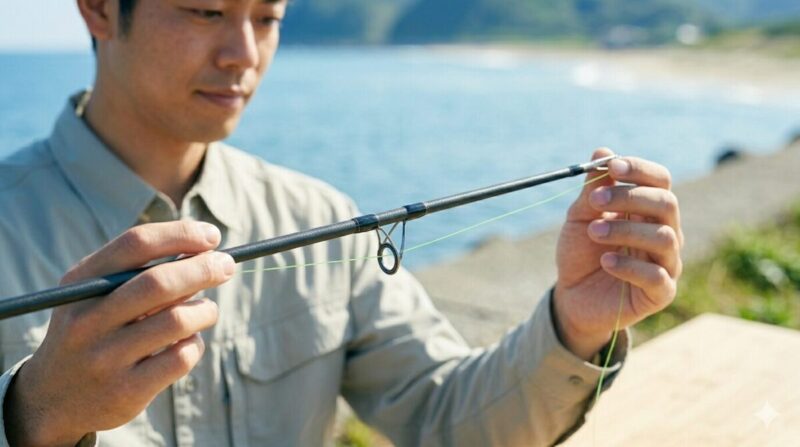 海辺の台で、釣竿のガイドに順番に糸を通している男性の手元の様子。