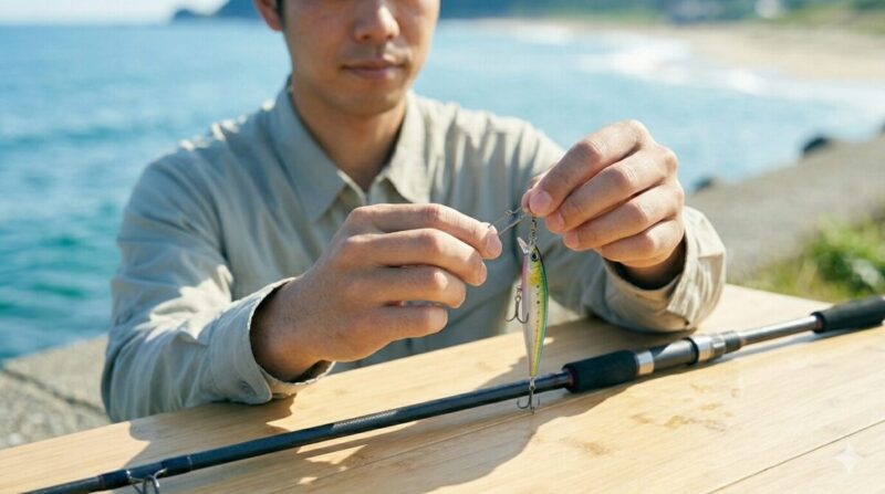 海辺の台で、釣竿の先にスナップを介してルアーを取り付けている男性の手元の様子。
