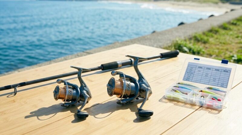 海辺の台の上に置かれた、大きさの異なる2つのスピニングリールと、番手の目安を示すチャート。