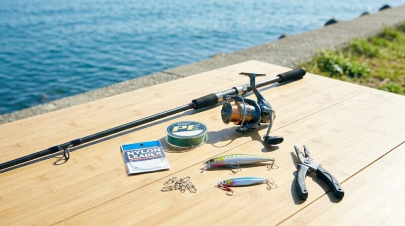 海辺の木製台の上に、スピニングロッド、リール、ライン、ルアー、プライヤーなど初心者向けの釣具一式が並べられている様子。