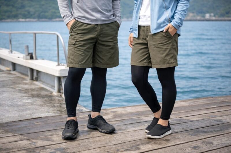 海辺の桟橋でショーツと黒レギンスを組み合わせた下半身コーデを並べたイメージ