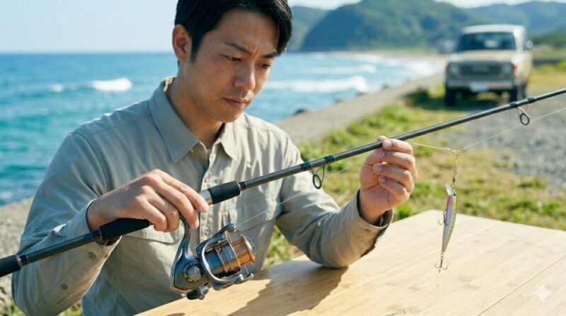 海辺の防波堤で、釣竿を持ってルアーやラインの状態を確認している男性の様子。