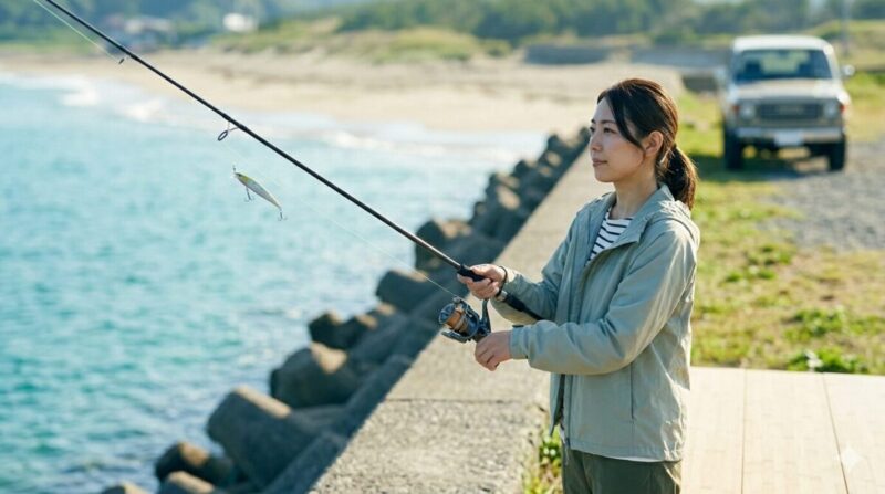 海辺の防波堤で、釣竿を持ってルアーを投げる前の姿勢をとっている女性の様子。