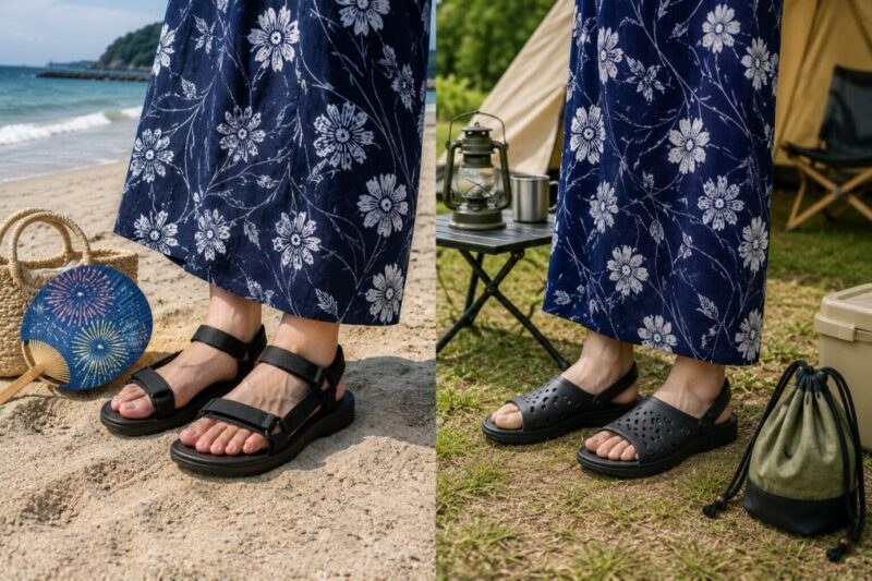 海辺やキャンプ場で浴衣に濡れても扱いやすいサンダルを合わせるイメージ