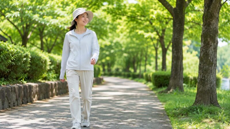 涼しいUVウェアと帽子で夏のウォーキングをする女性