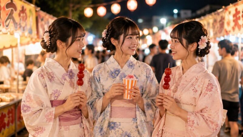 淡色と小花柄の浴衣で夏祭りを楽しむ若い女性たち