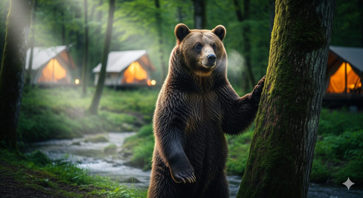 深い霧が立ち込める森の中で、木に手をかけ周囲を警戒するように立ち上がる大きなヒグマの姿。