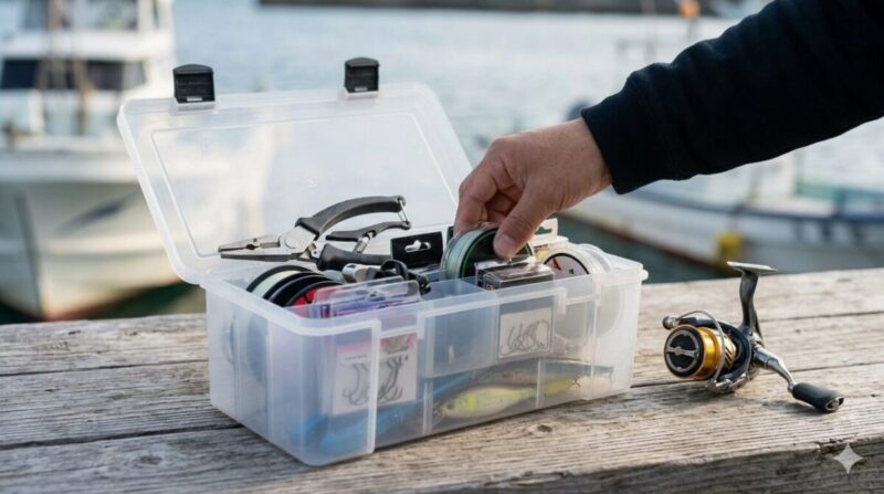 深型ケースに予備ラインや工具を収納する様子