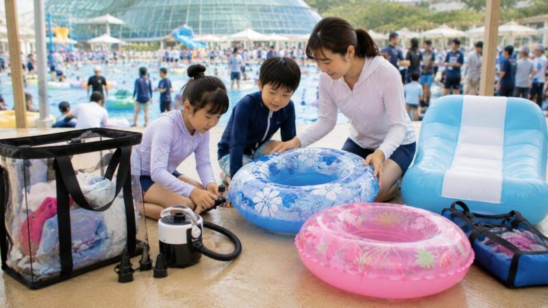 混雑するプールで小型ポンプを使って浮き輪準備をするイメージ