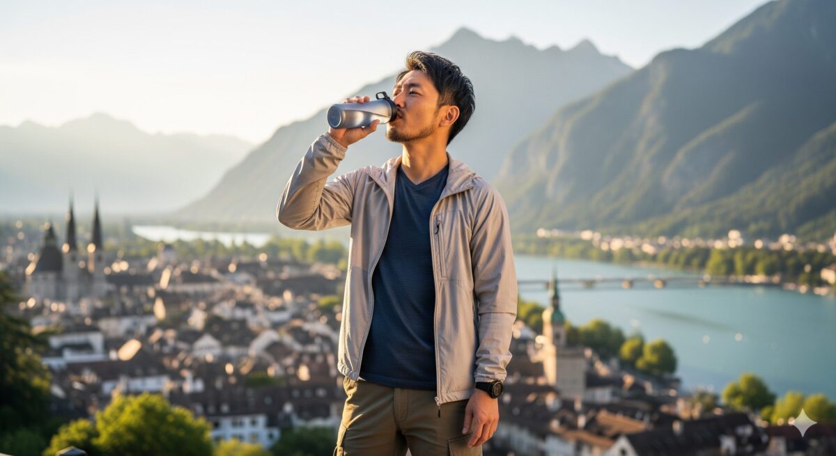 清潔な水を手軽に確保しながら旅を楽しむ、安心感のあるワンシーン。