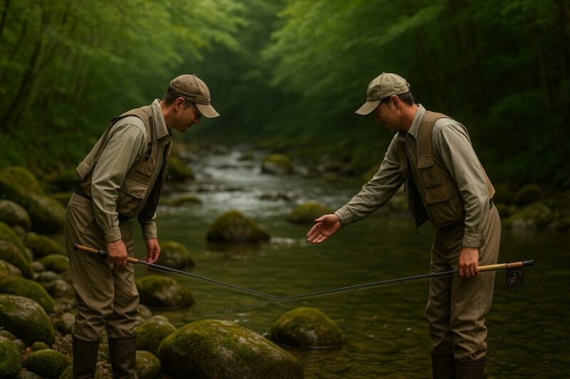 渓流で先行者に声をかけて順番と進行方向を確認するイメージ