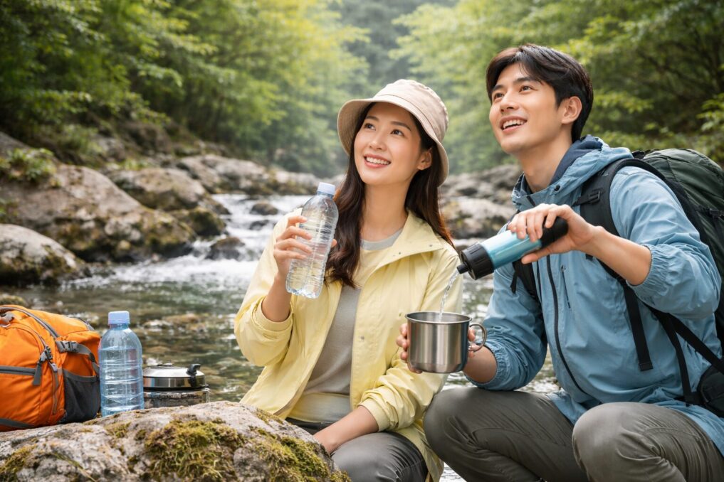 渓流で携帯浄水器を使い、水の扱いを確認している男女キャンパーのアウトドア風景