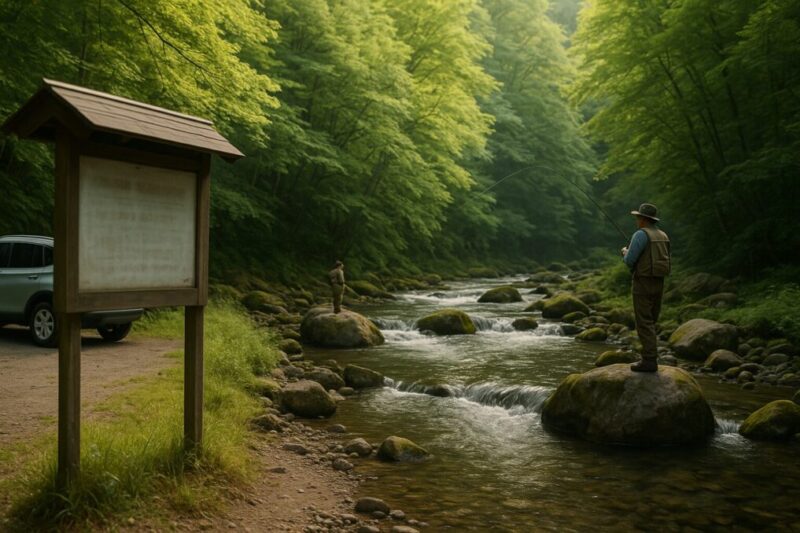 渓流で無理な追い越しを避け、岸に上がって安全に通過するイメージ