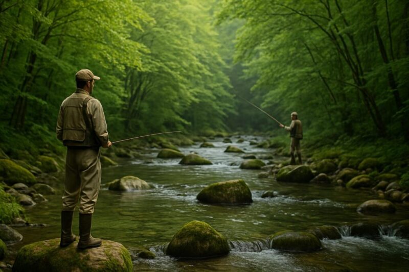 渓流で距離を保って釣ることで頭ハネを避ける位置関係のイメージ