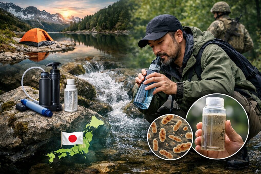 渓流のそばで携帯浄水器を使い、ボトルに浄水した水を入れて安全に飲める状態にするアウトドアの給水シーン