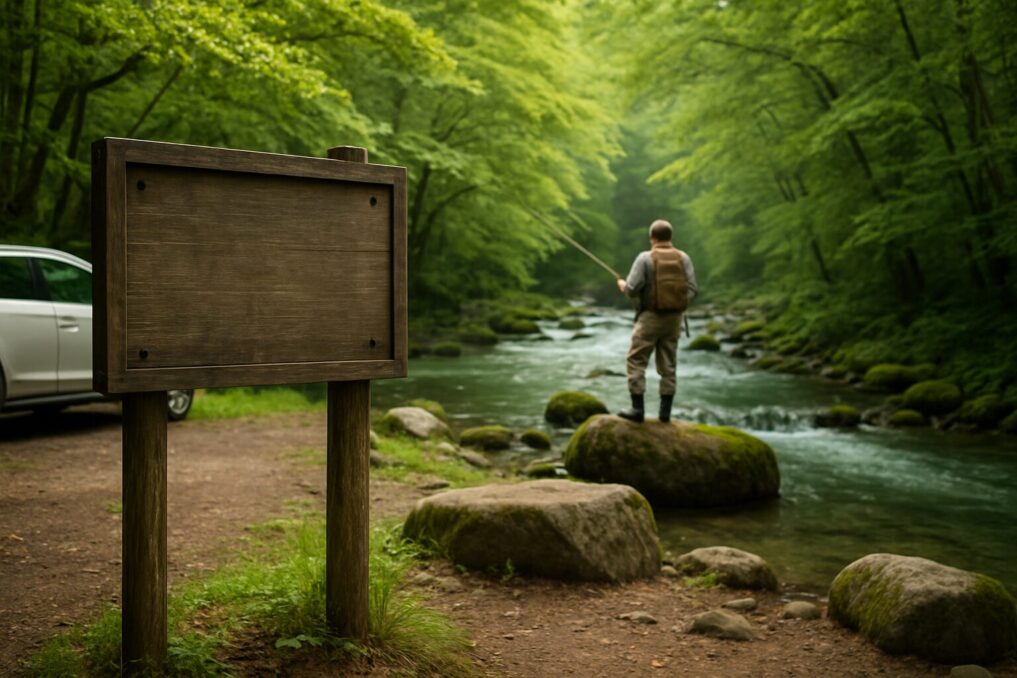 渓流の入渓口付近で釣り人が準備し、掲示板と駐車状況からマナー意識を連想させるイメージ