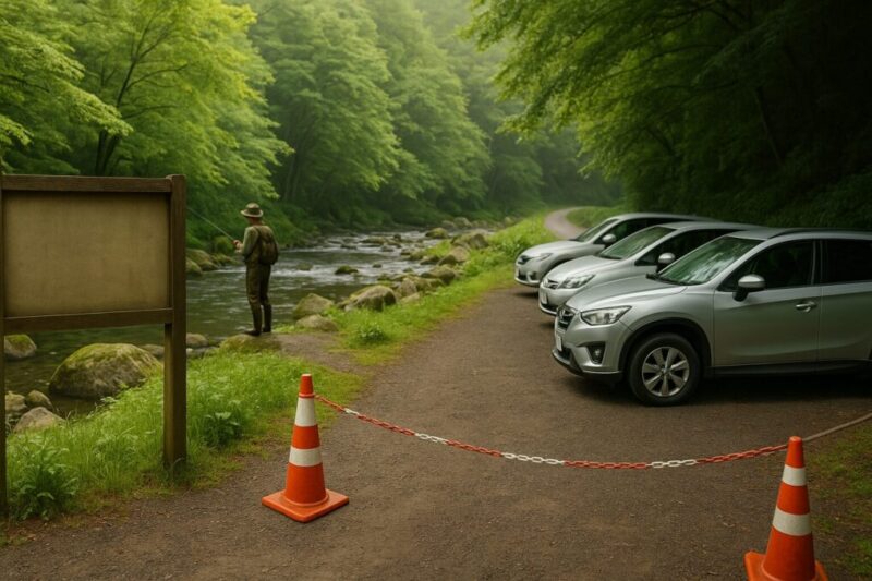 渓流釣りで駐車トラブルを避けるため通行を塞がず停めるイメージ