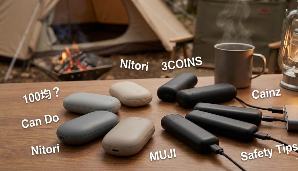 温かみのある室内で、テーブルの上に数種類のシンプルな充電式カイロ（無地）と充電ケーブルが並べられた、冬の防寒対策と選び方をイメージさせる写真