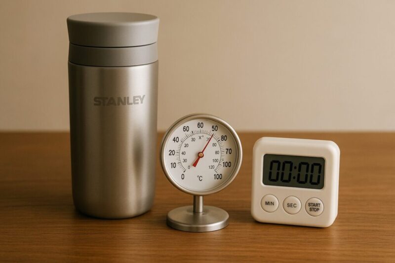 温度計とタイマーを並べて真空マグの保温・保冷性能をチェックしている様子。