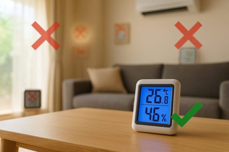 温湿度計の適切な設置場所を示す写真。窓際やエアコン直下は×、室内中央のテーブル上は✔︎。