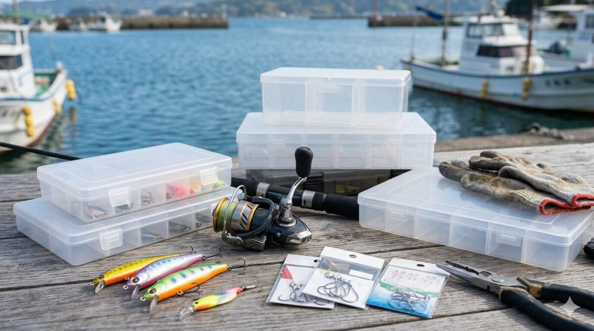 港のベンチに並べられた釣り具と整理ケースの様子