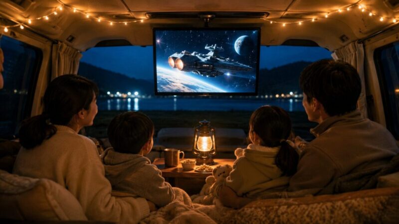 湖畔に停めたキャンピングカーの車内で、家族4人が大画面のSF映画を楽しむ夜のひととき