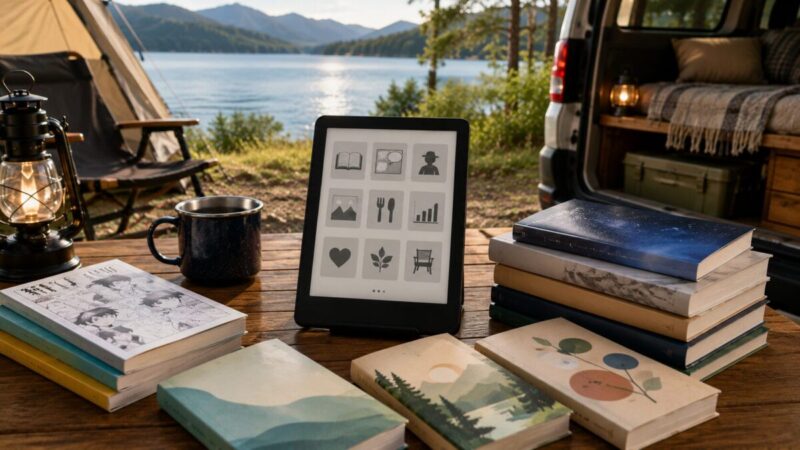 湖畔のキャンプと車中泊のそばで、電子書籍リーダーとさまざまなジャンルの本を並べた読書スペース
